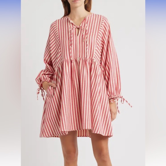 Huxley Long Sleeve Babydoll Red White Striped Dress Small FRNCH S - Picture 2 of 8